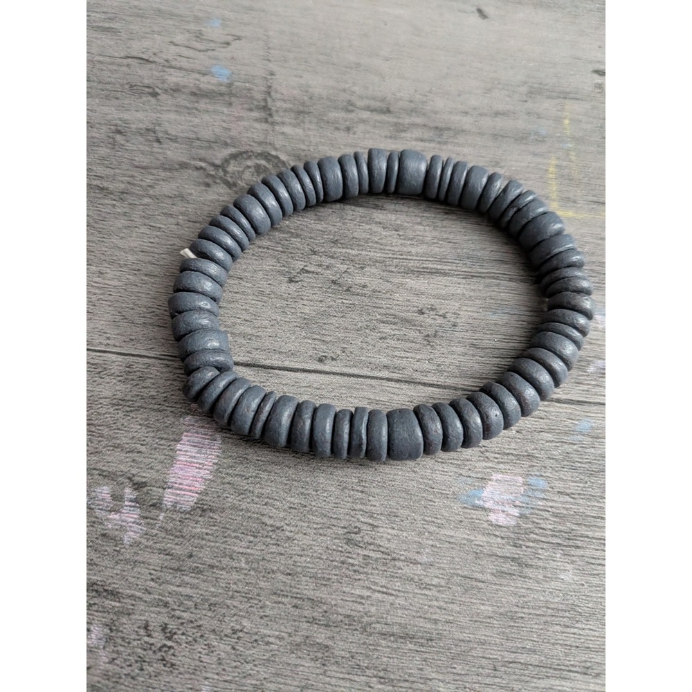Matte Charcoal Gray Disc Bead Stretch Bracelet Earthy Boho Minimalist Slate